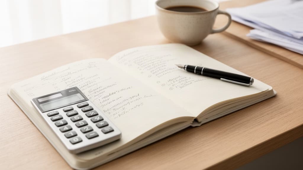 Mesa organizada com caderno aberto, caneta e calculadora sob luz natural